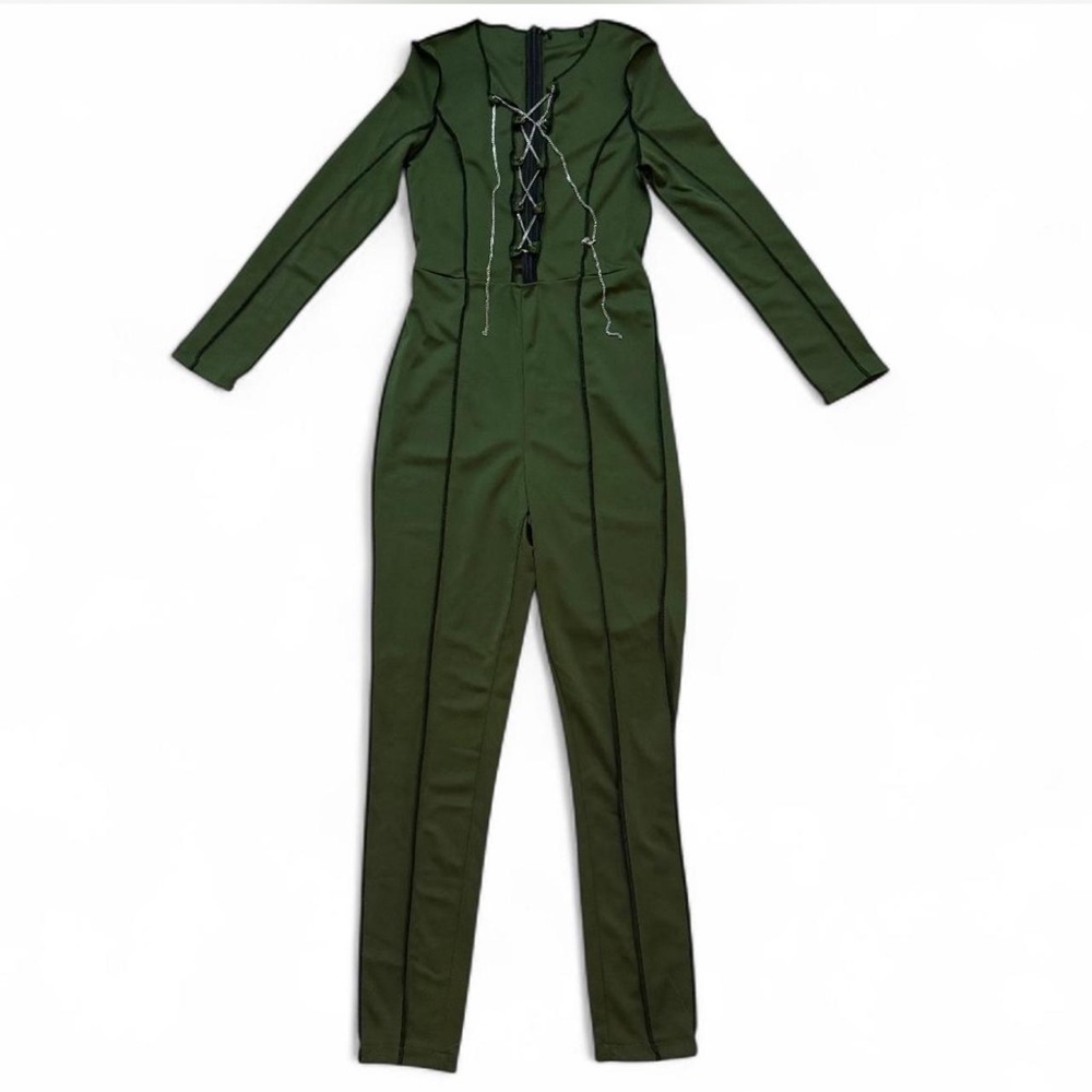 Olive Green Long Sleeve Contrast Stitching & Chain Lace Up Detail Jumpsuit
